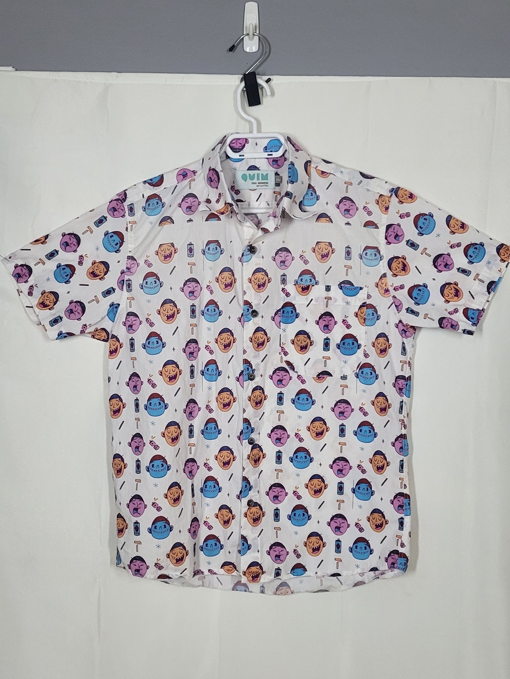 White Short-Sleeve Button-Down Shirt with Multicolor Face Print